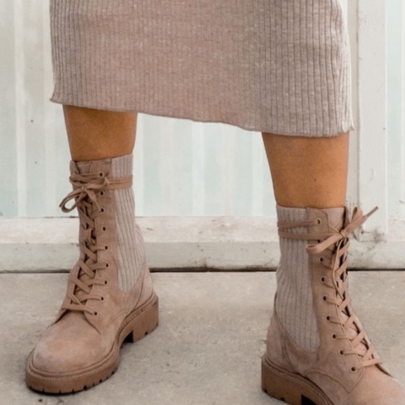 Sale🔥 Sam Edelman Lydell Lug Sole Suede Knit Combat Boot size 7.5 Sesame Tan - Picture 4 of 12